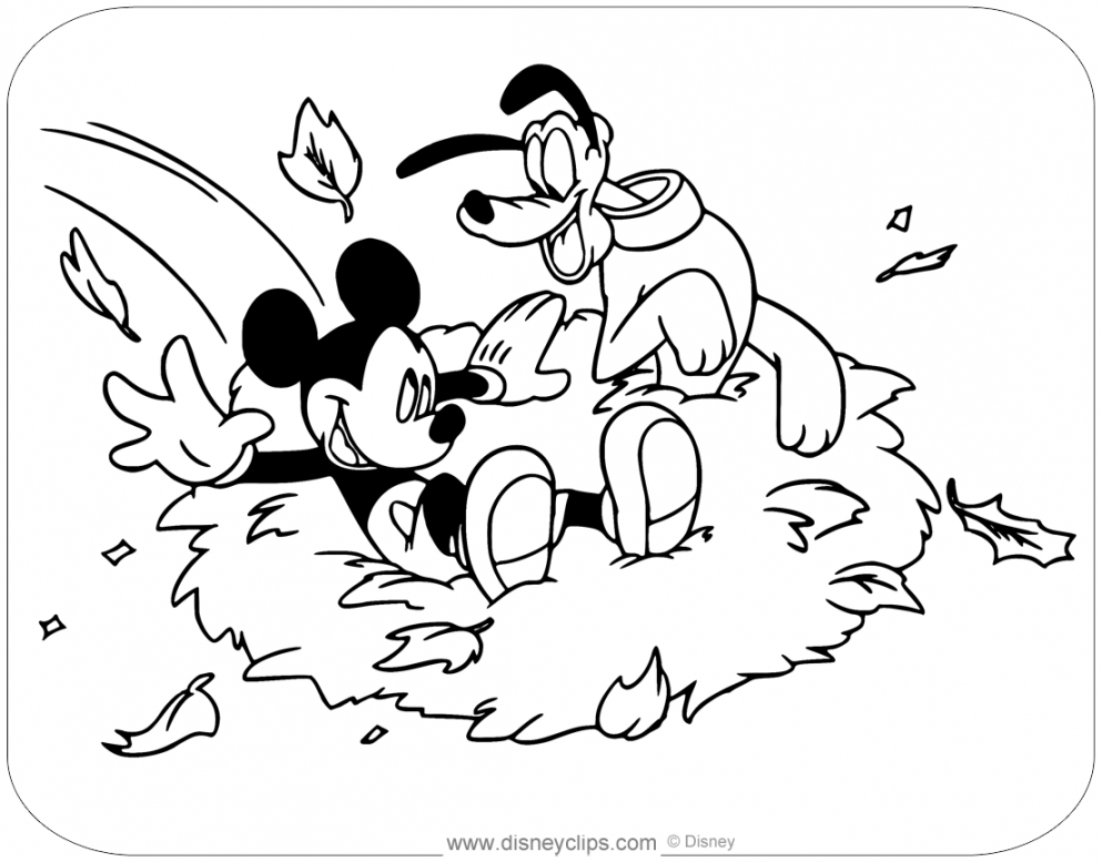 Coloring page of Mickey Mouse and Pluto playing in a pile of