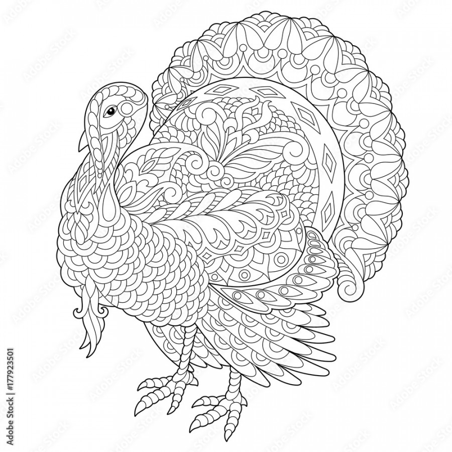 Coloring page of turkey for Thanksgiving Day greeting card