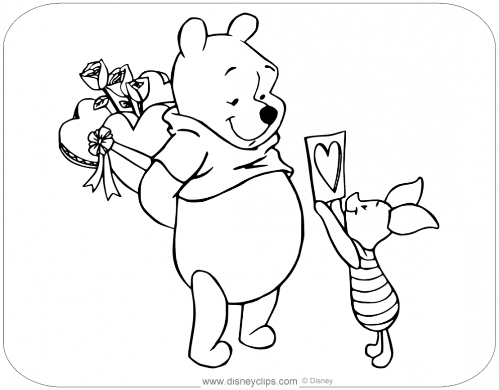 Coloring page of Winnie the Pooh and Piglet exchanging valentines