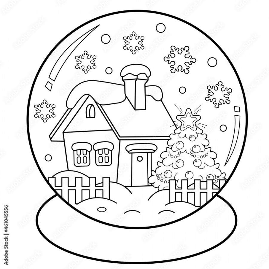 Coloring Page Outline of snow globe with snow-covered house and