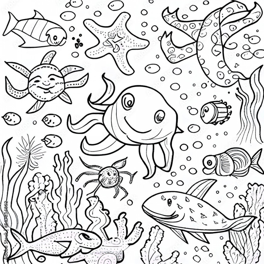 coloring pages for kids under the sea cute marine life Stock