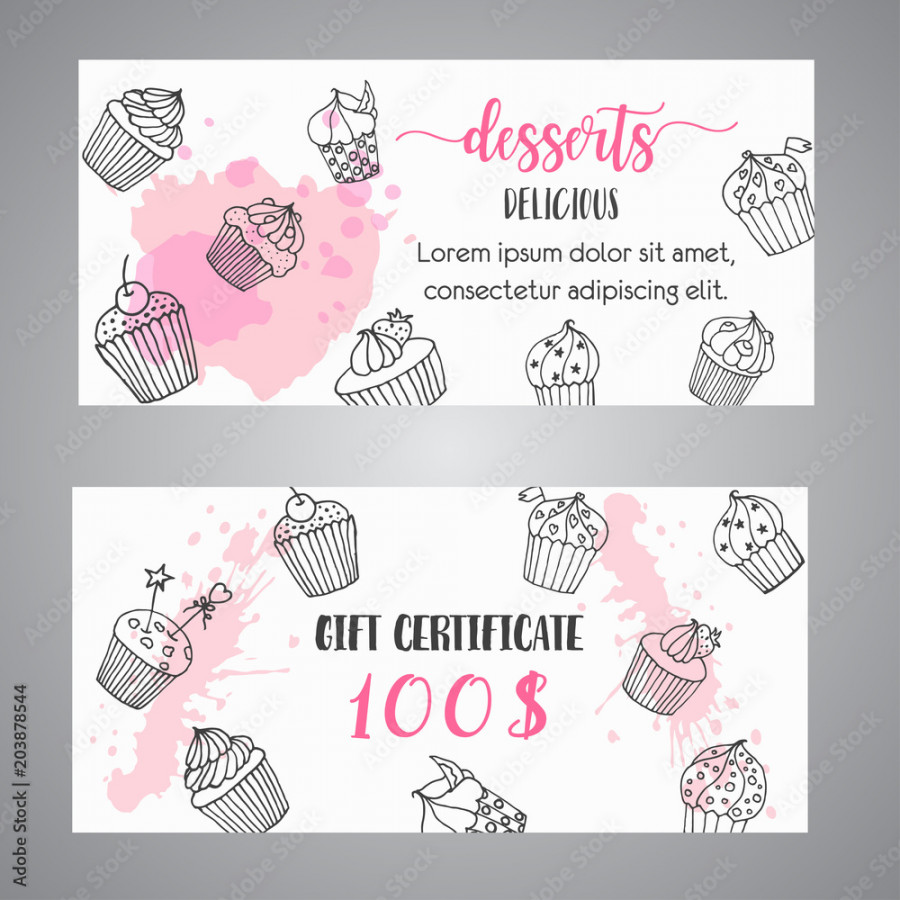 Cupcake gift certificate with handdrawn cupcakes and pink splashes