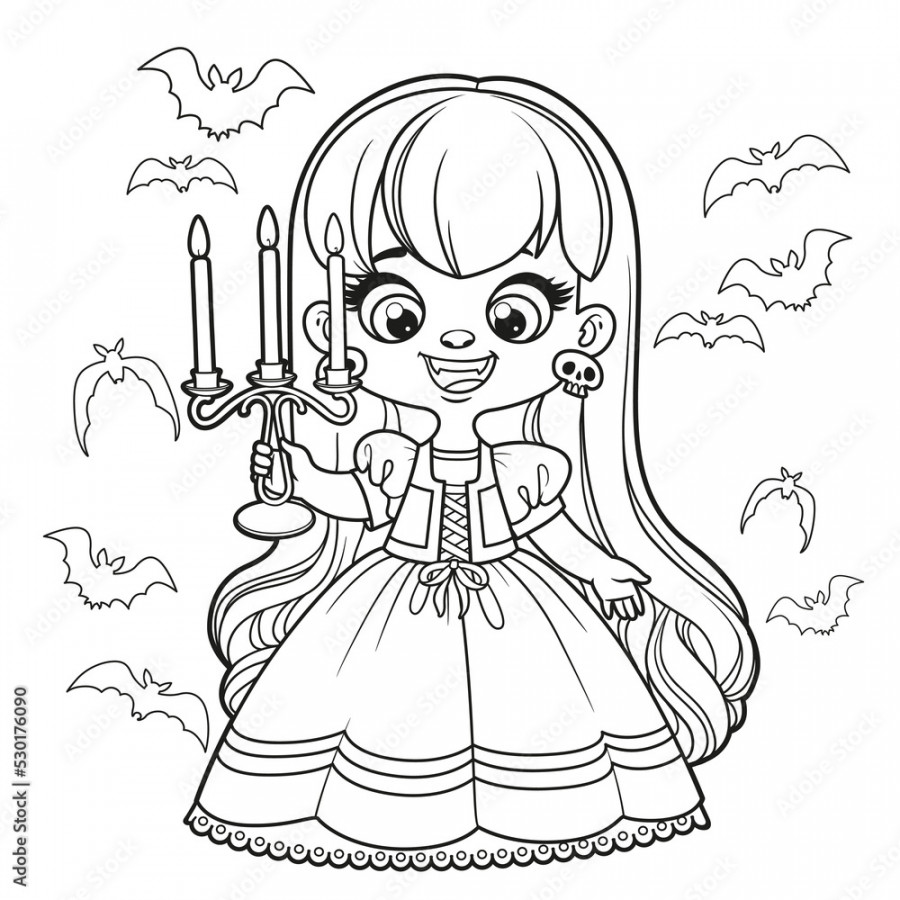 Cute cartoon long haired girl in a Halloween vampire costume with