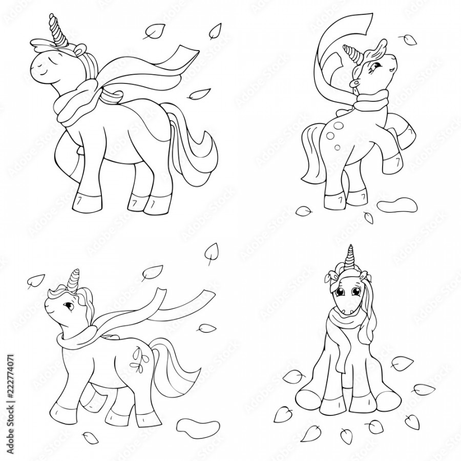 Cute four unicorns dressed the scarf, autumn season, coloring book