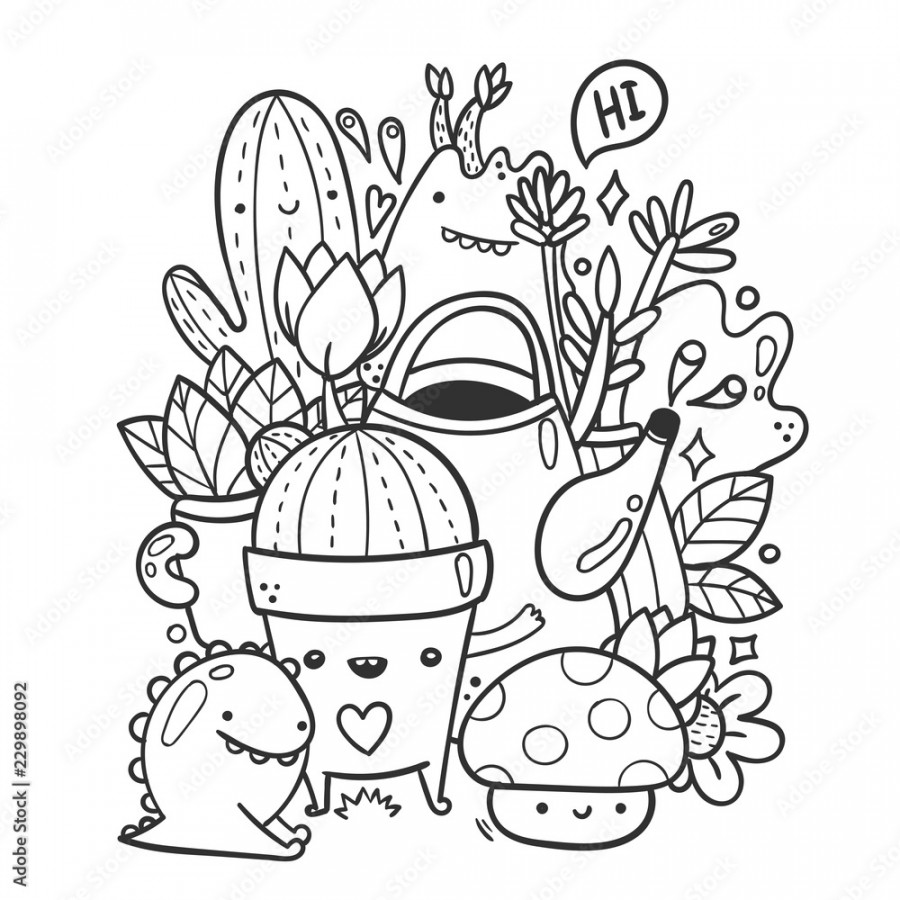 Cute garden monsters. Doodle coloring page