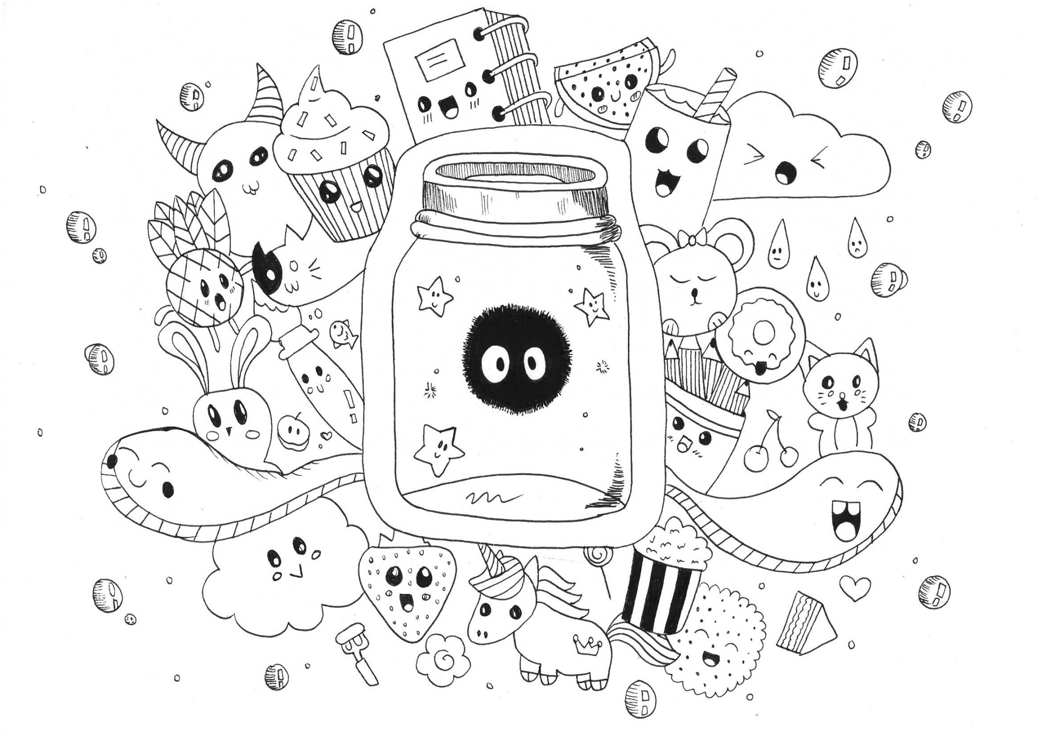 Cute Kawaii monsters - Doodle Art / Doodling Adult Coloring Pages