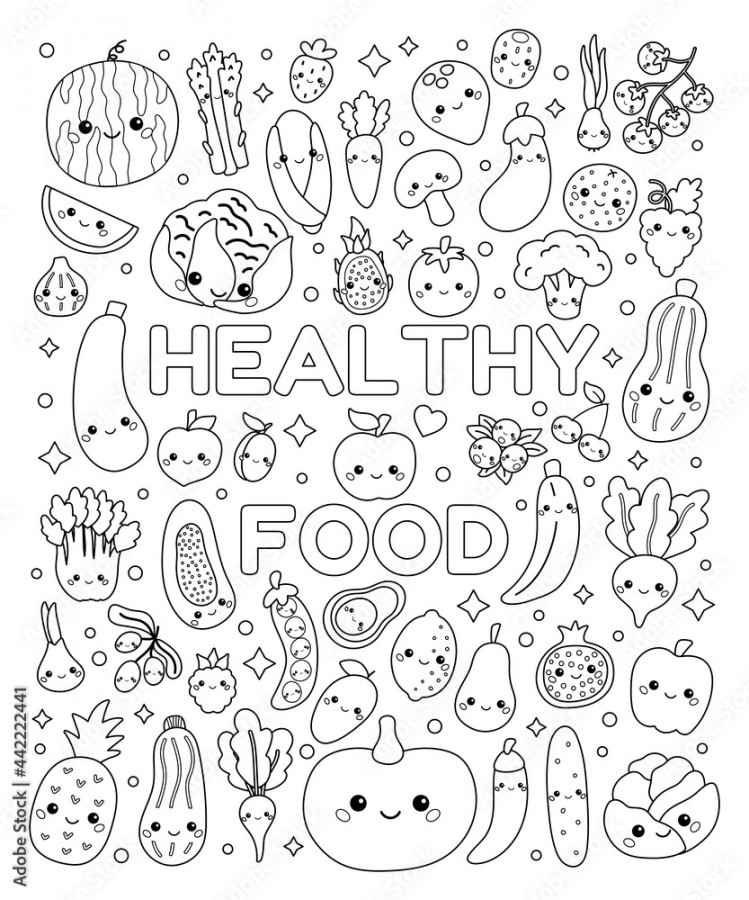 Doodle coloring page with cute vegetables and fruits