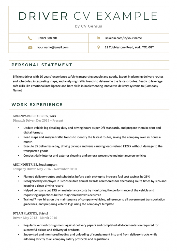 Driver CV - Example & Word Template [Free Download]