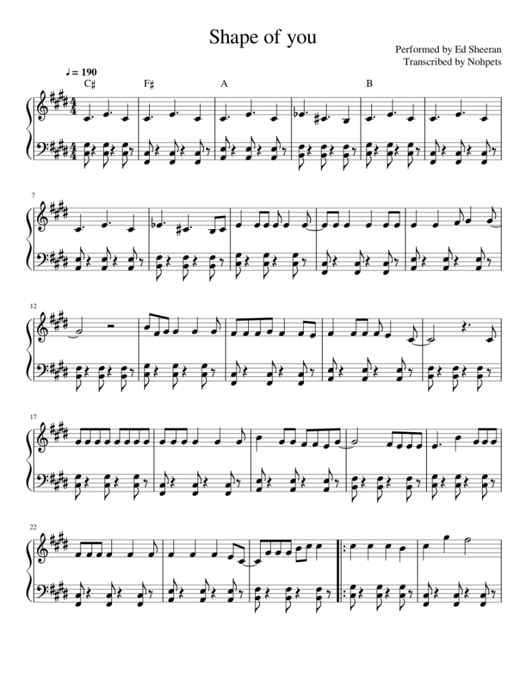 Ed Sheeran-Shape of you Sheet music for Piano (Solo) Easy