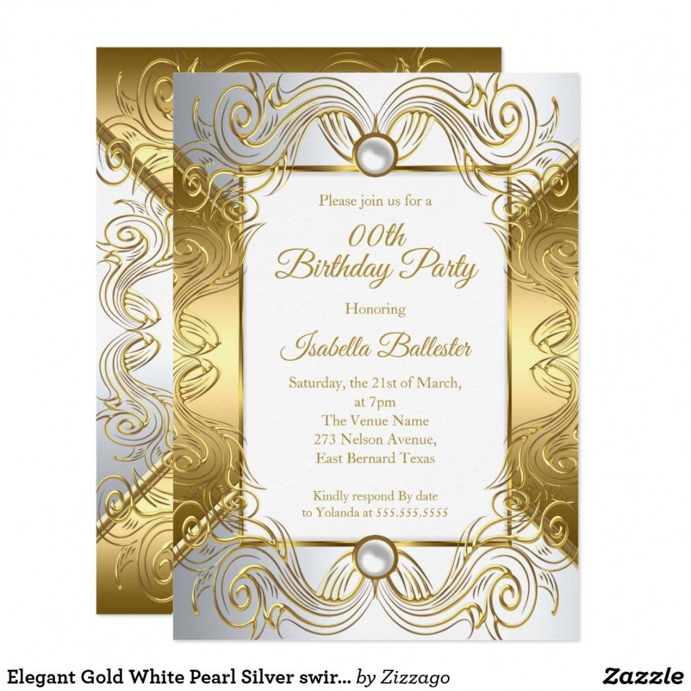 Elegant Gold White Pearl Silver swirl birthday Invitation  Zazzle