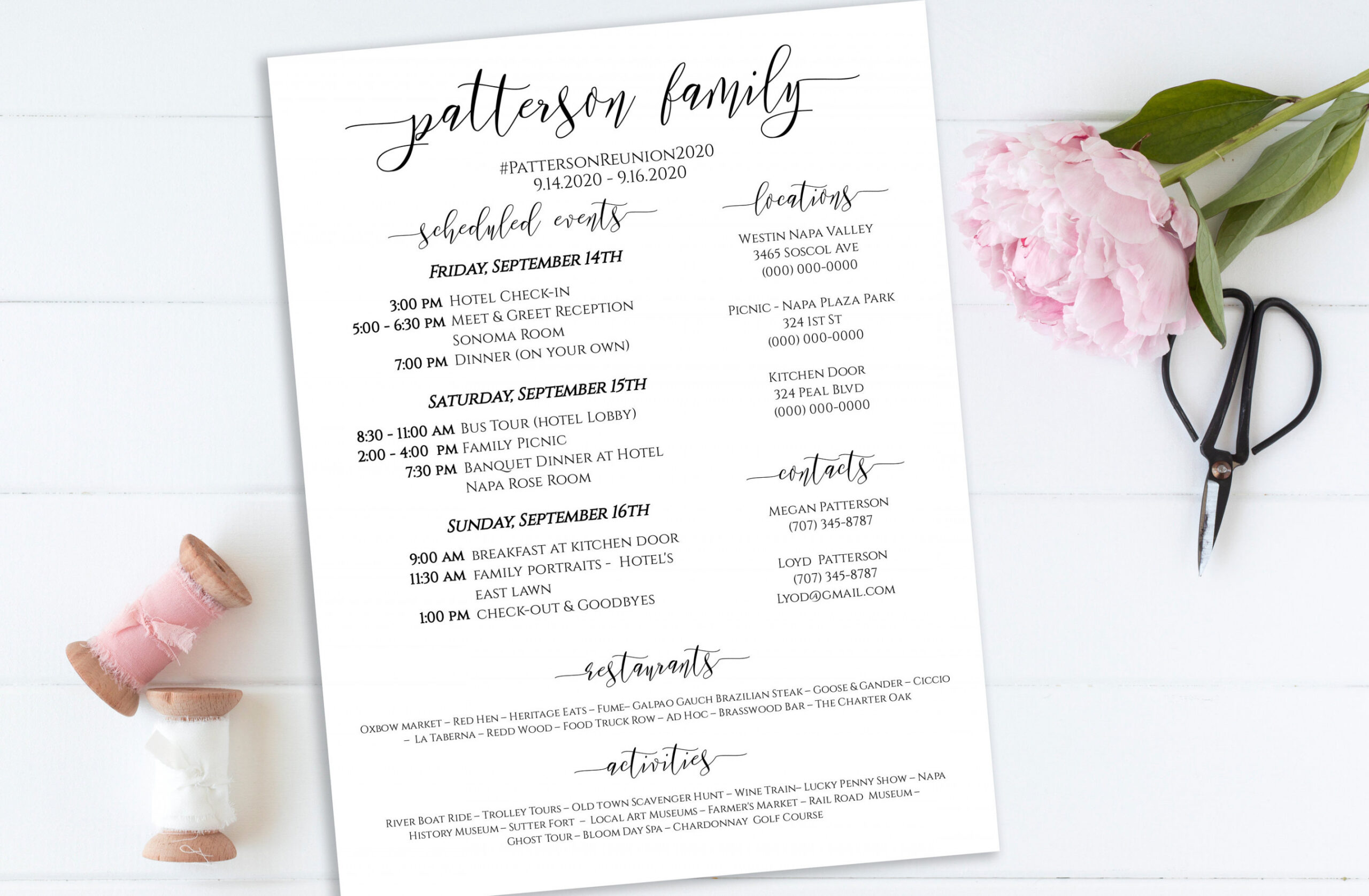 Event Itinerary & Details Family Reunion Weekend Printable Work