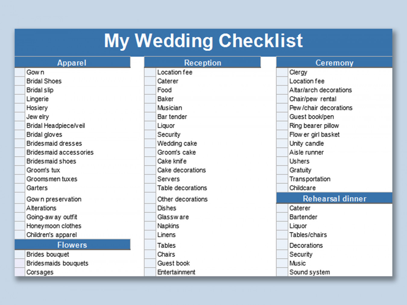 EXCEL of Wedding Checklist