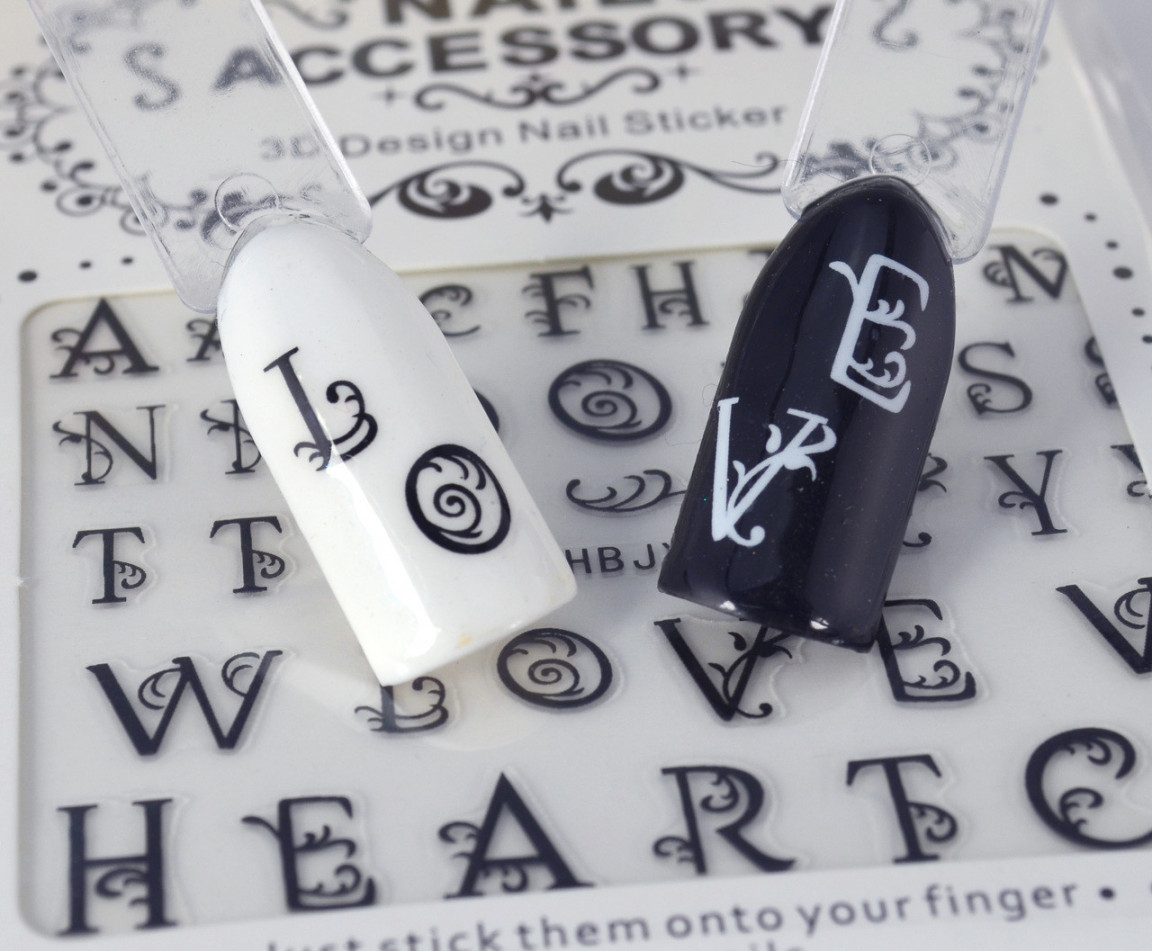 Fancy Black Capital Letters Text Nail Art Stickers (Black or White