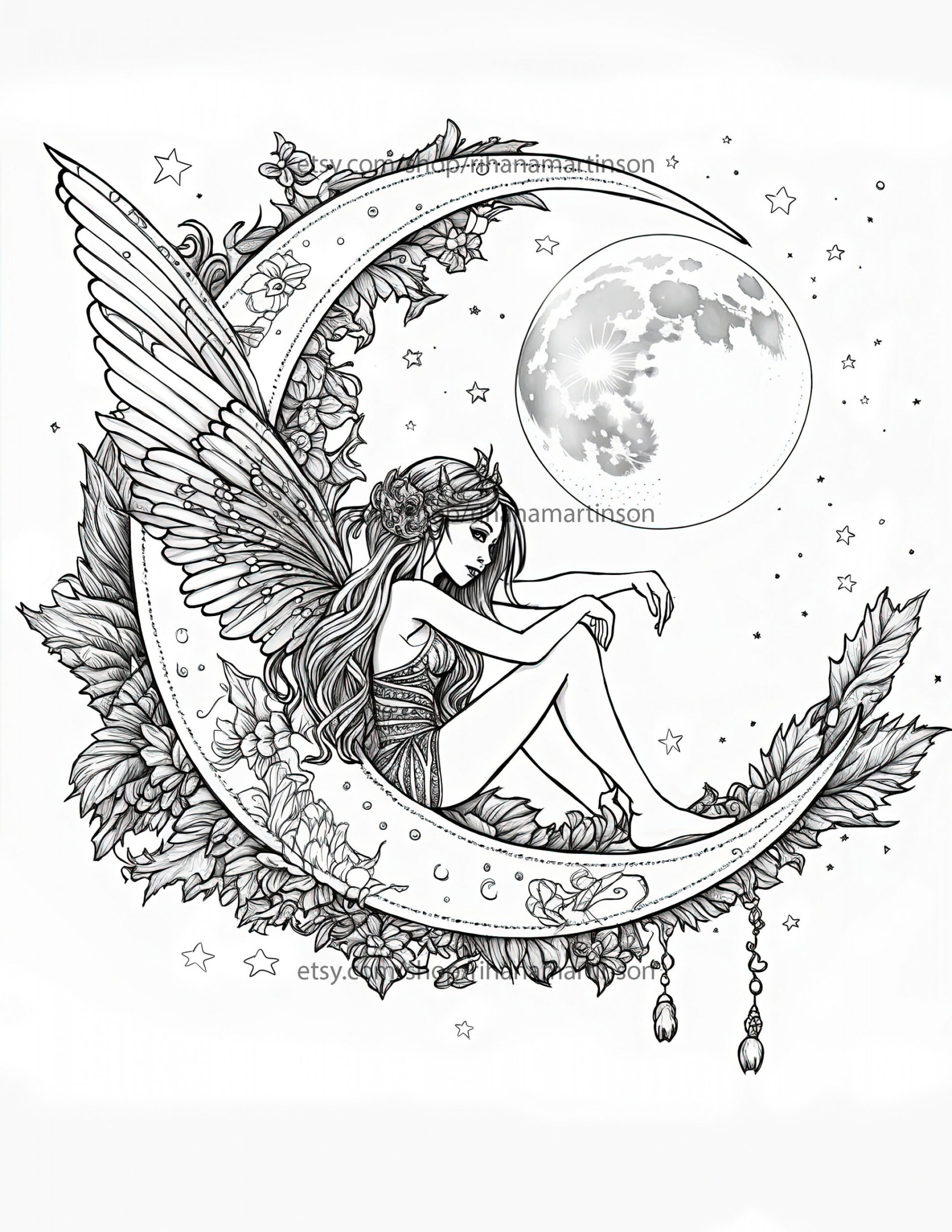 Fantasy Fairy Printable Adult Coloring Book Page - Ornate Crescent Moon