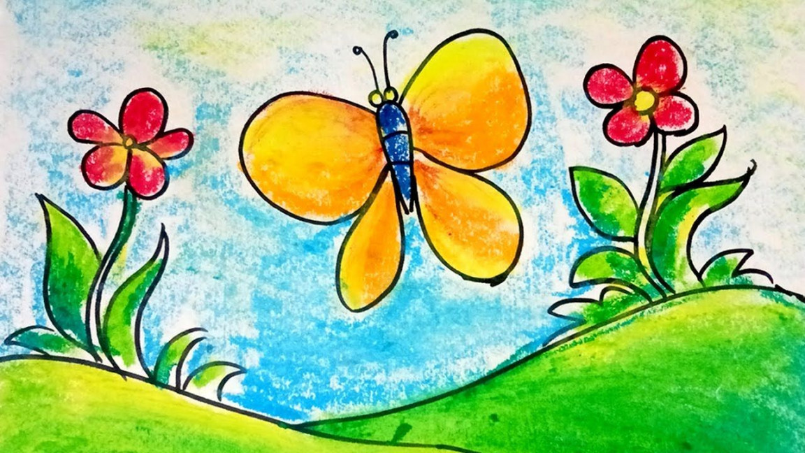 flower with butterfly scenery drawing  oil pastel coloring in    Flower art drawing, Art drawings for kids, Scenery drawing for kids