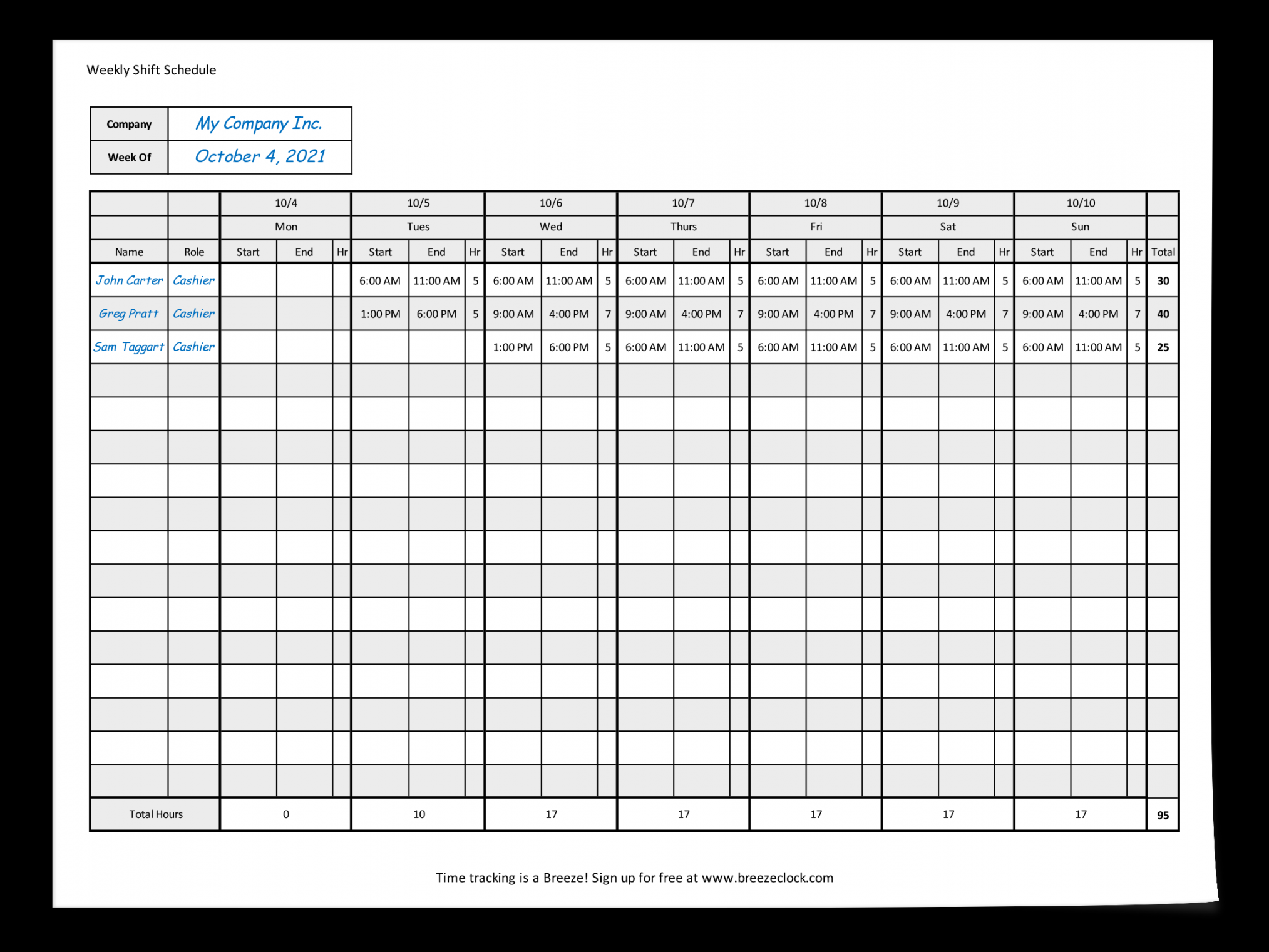 Free Employee Shift Schedule Template - Breeze Clock