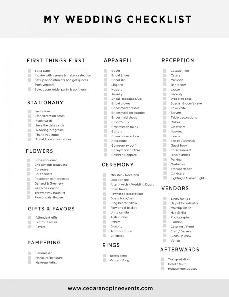 Free Printable Wedding Planning Check List - Cedar And Pine Events