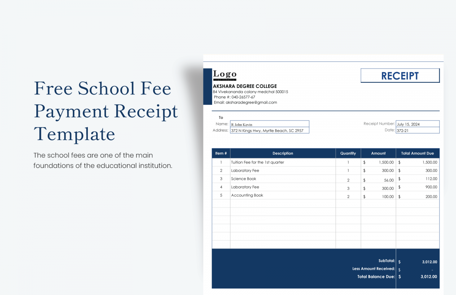 Free School Fee Payment Receipt Template - Download in Word