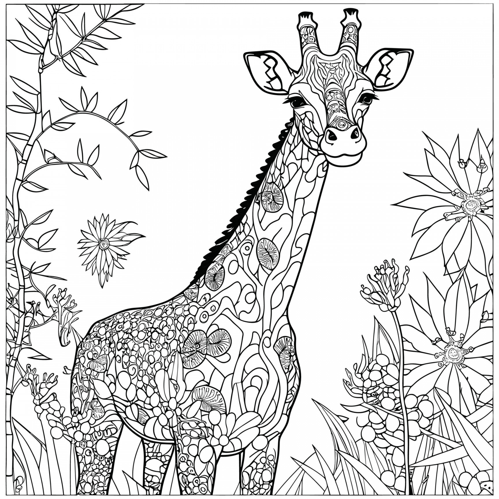 Giraffe in the jungle Flowers Adults Coloring Page  Vector