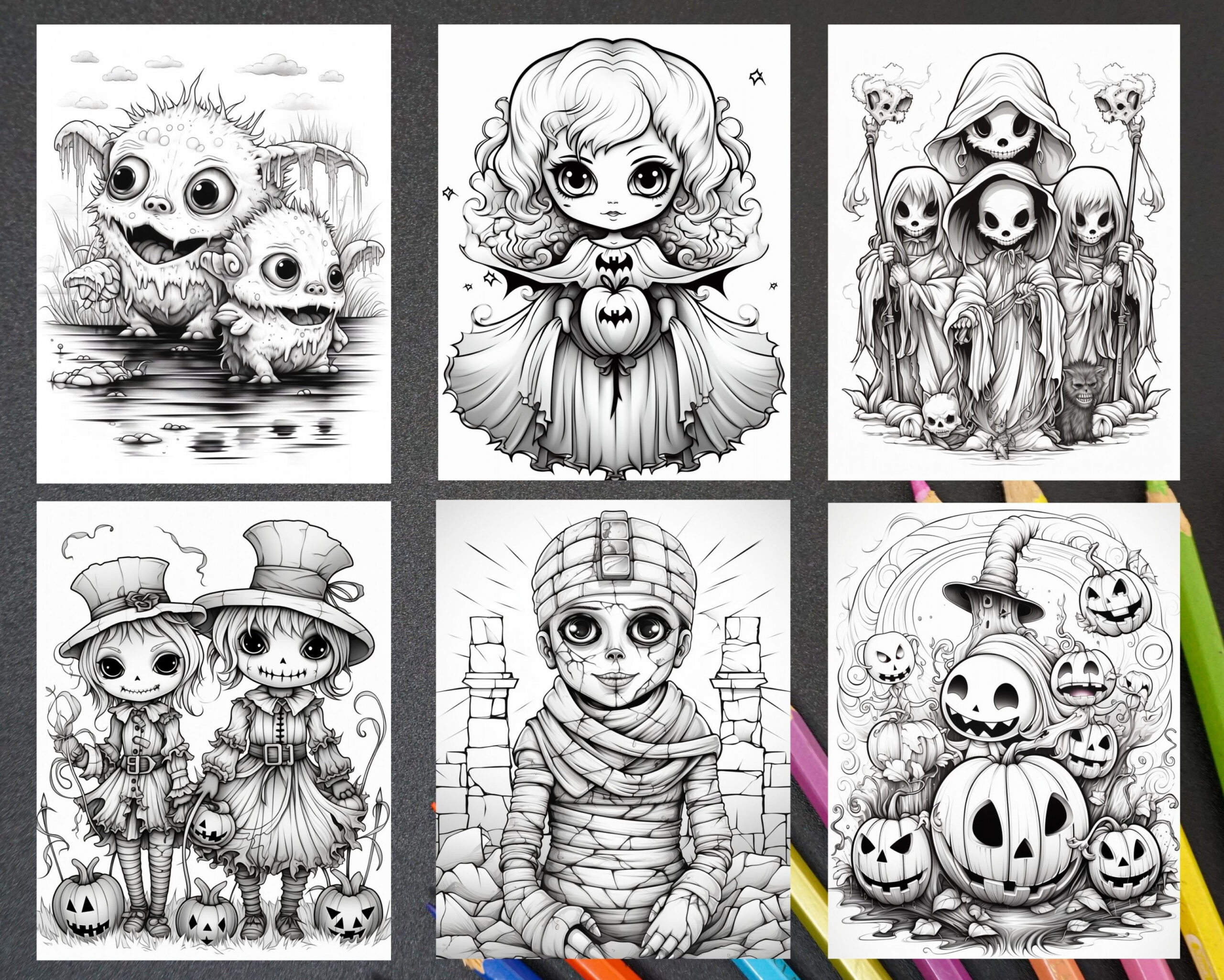 Halloween Creepy Kawaii Grayscale Coloring Pages for Adults and Kids,  Printable PDF File Instant Download