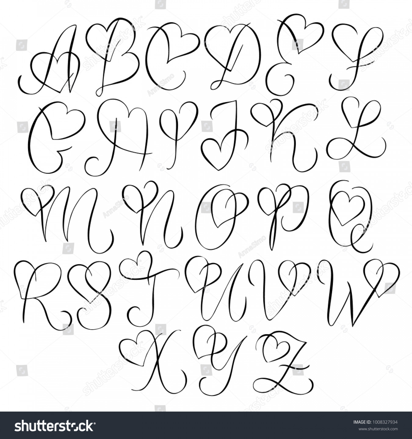 Hand Drawn Alphabet Calligraphy Letters Heart: Stock-Vektorgrafik