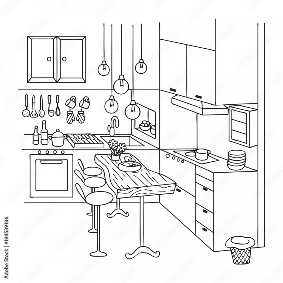 Hand drawn of cute interior kitchen for design element and