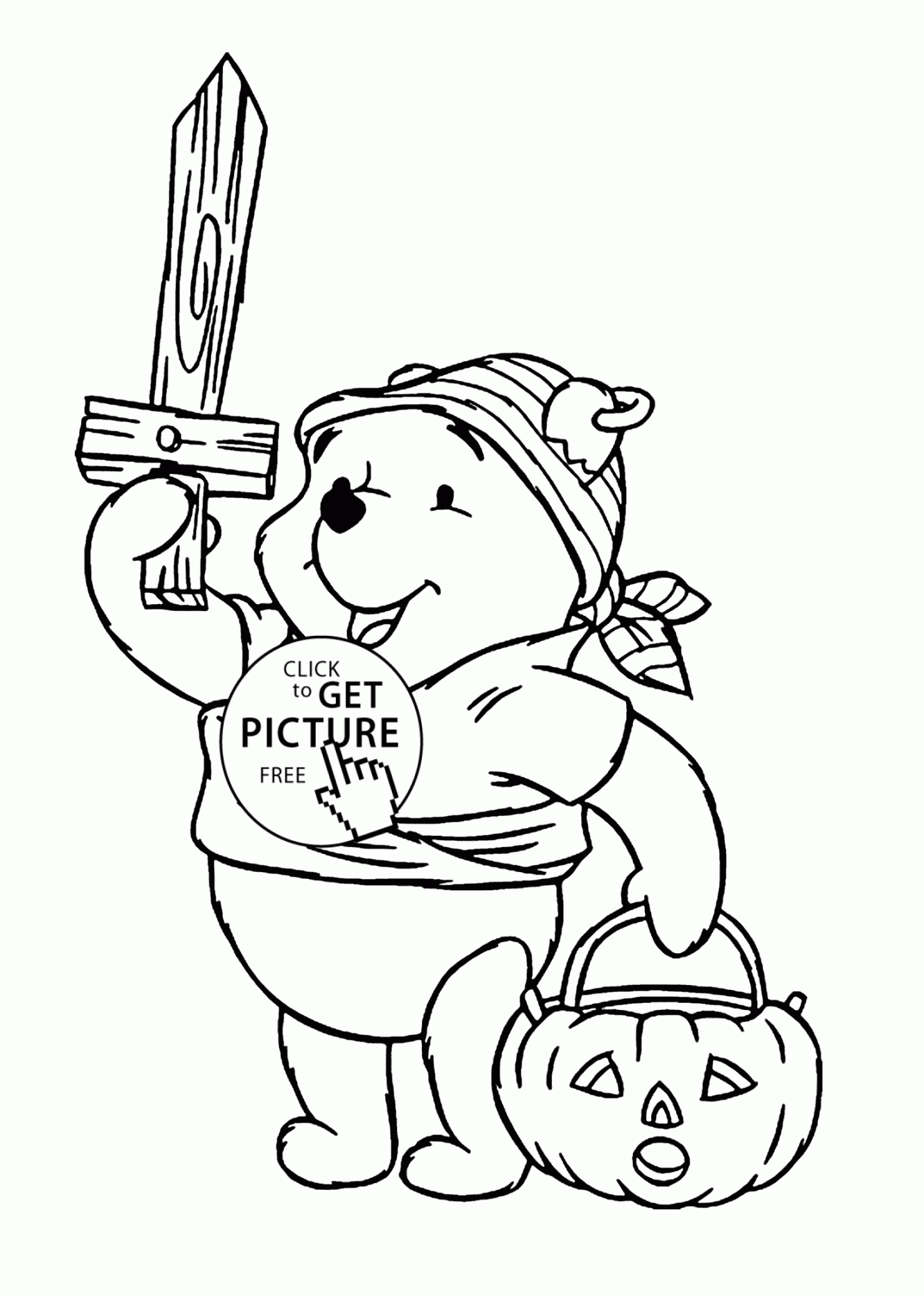 Happy Halloween and Winnie the Pooh coloring page for kids