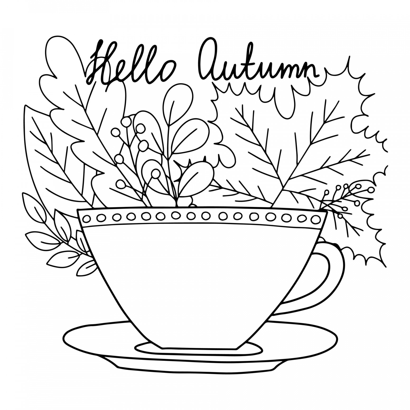 Hello autumn vector coloring page with cup of coffee and autumn