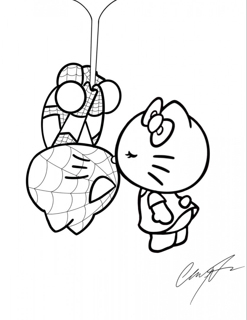 HELLO KITTY & SPIDERMAN COLORING PAGE en   Lindos dibujos