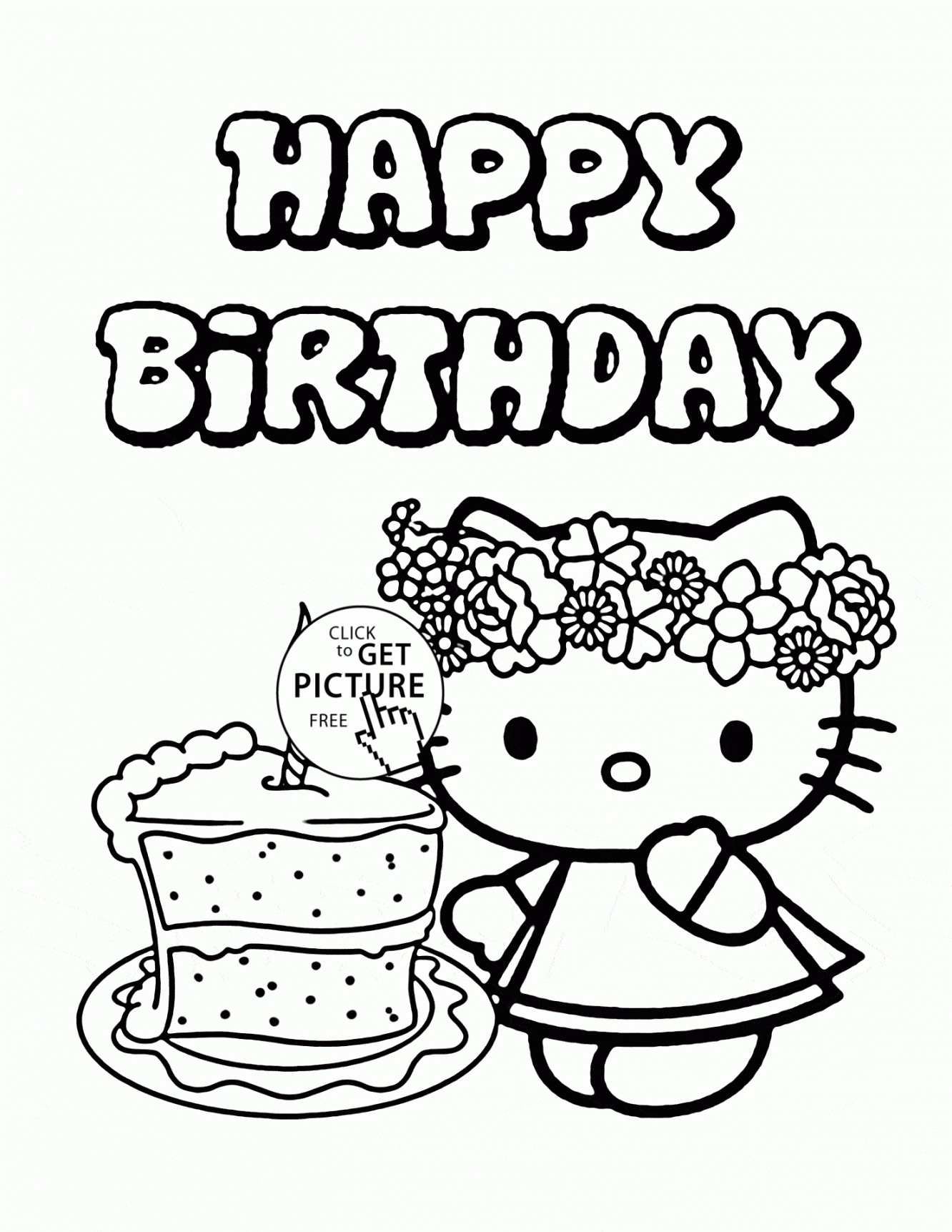 Hello Kitty Single Birthday Cake coloring page for kids, holiday