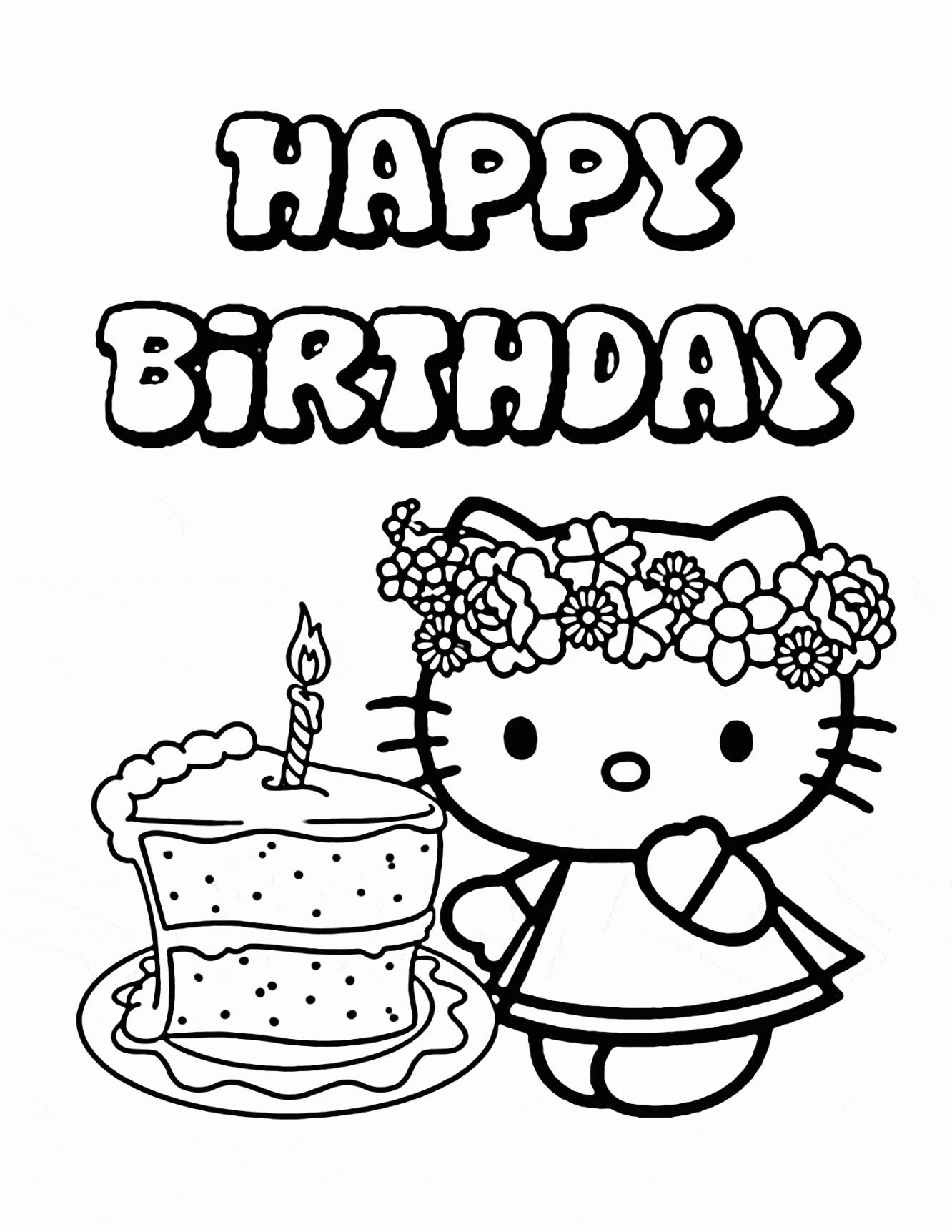 Hello Kitty Single Birthday Cake coloring page for kids, holiday