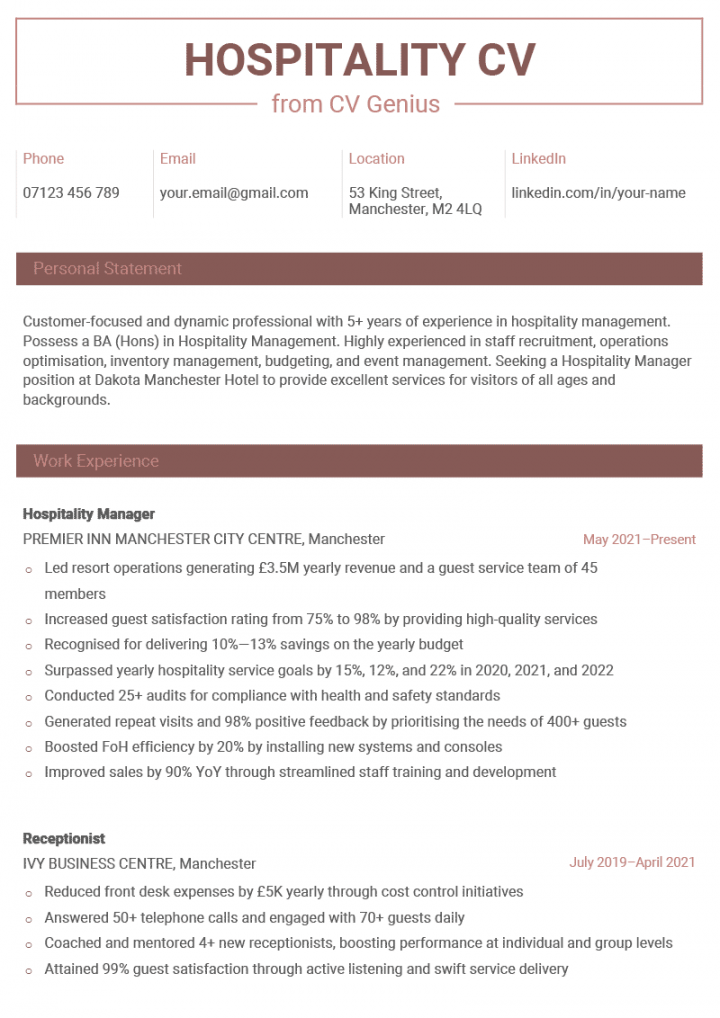 Hospitality CV - Example, Template, & Writing Tips for