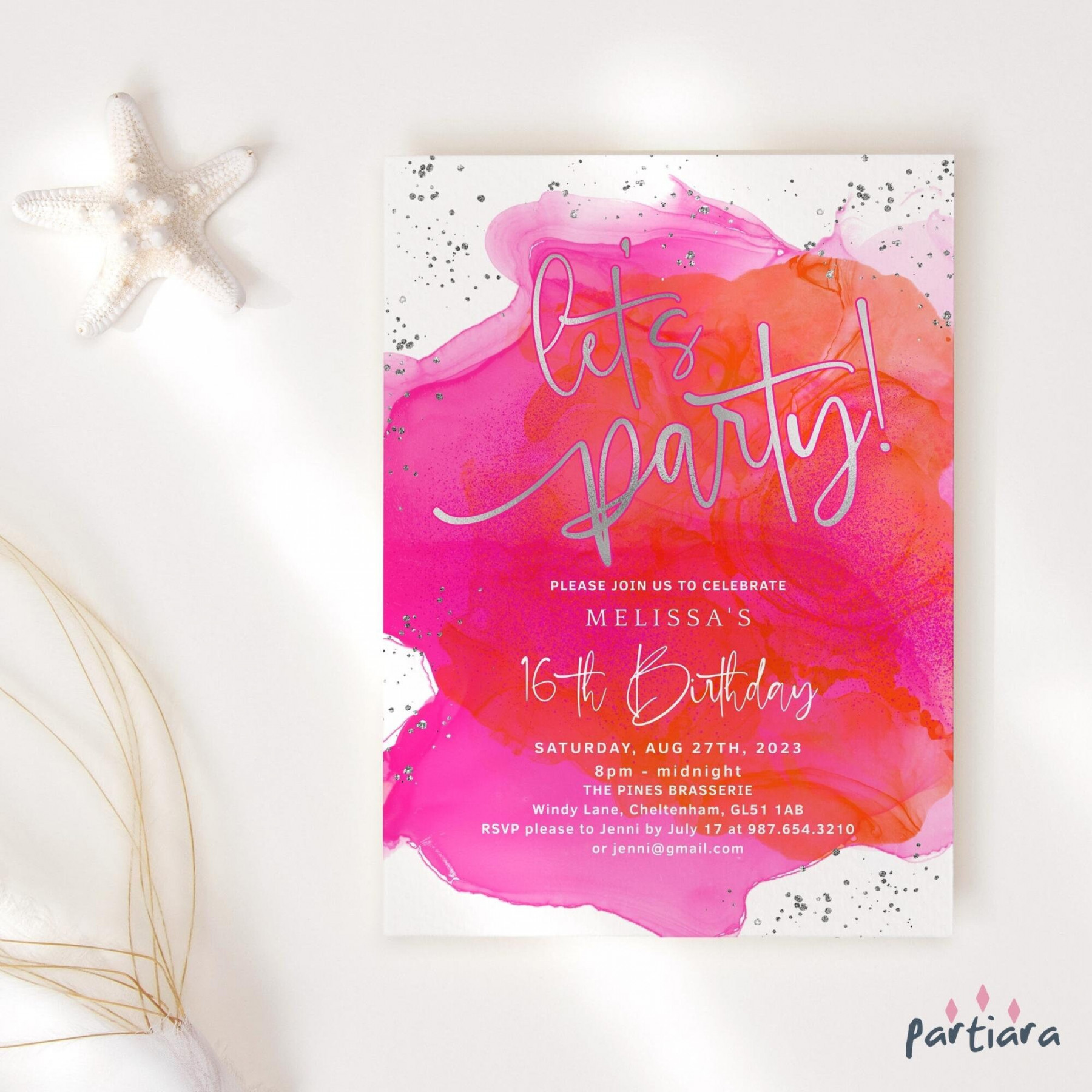 Hot Pink Orange Birthday Invite Lets Party Invitations Ladies - Etsy