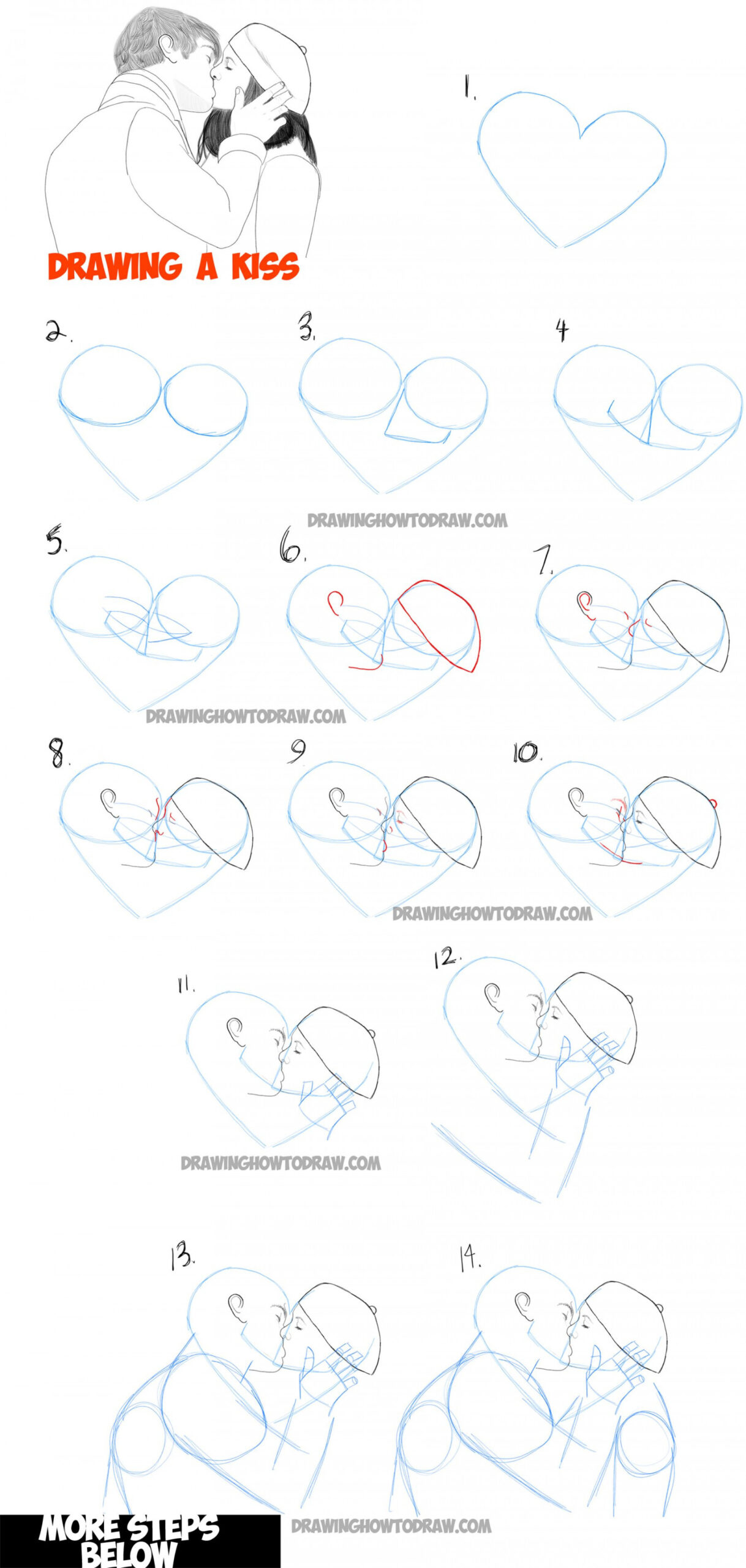 How to Draw Romantic Kisses Between Two Lovers - Step by Step