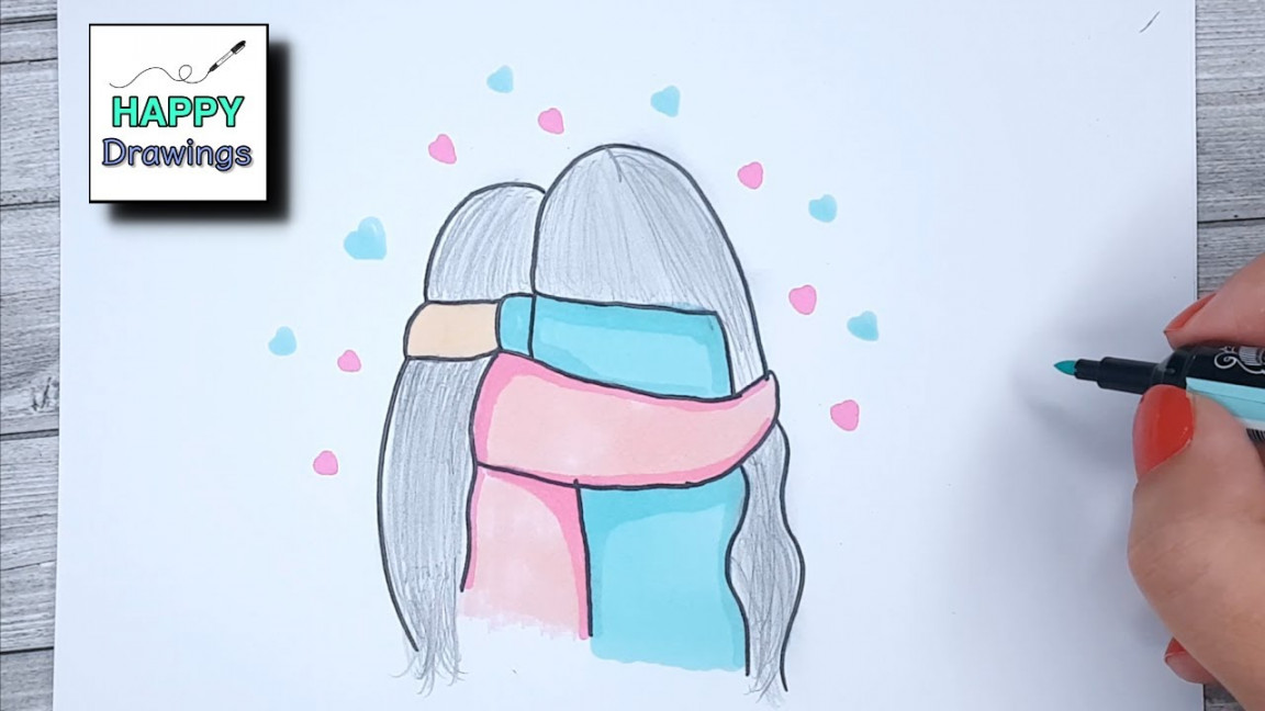 How to Draw Two Best Friends Hugging #BFF - Happy Drawings