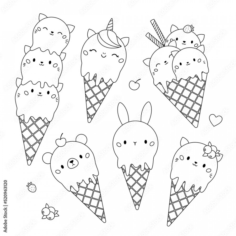 Kawaii coloring page with cute ice cream in waffle cone