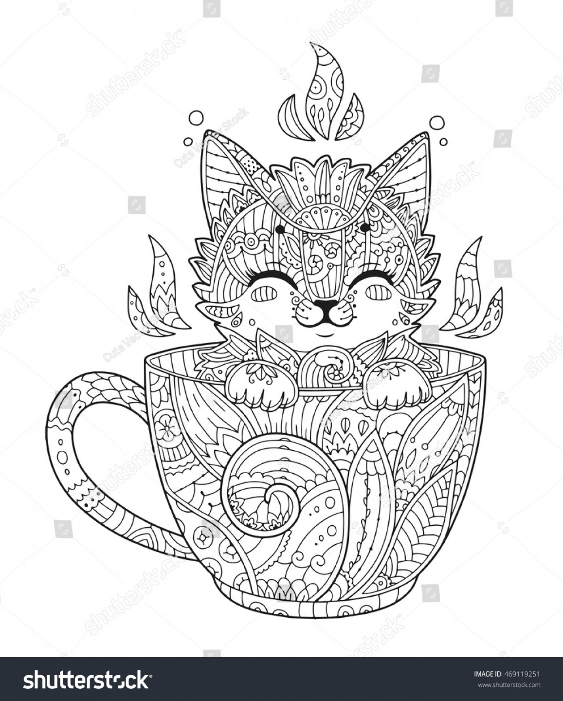 Kitten Cup Adult Antistress Coloring Page Stock Vector (Royalty