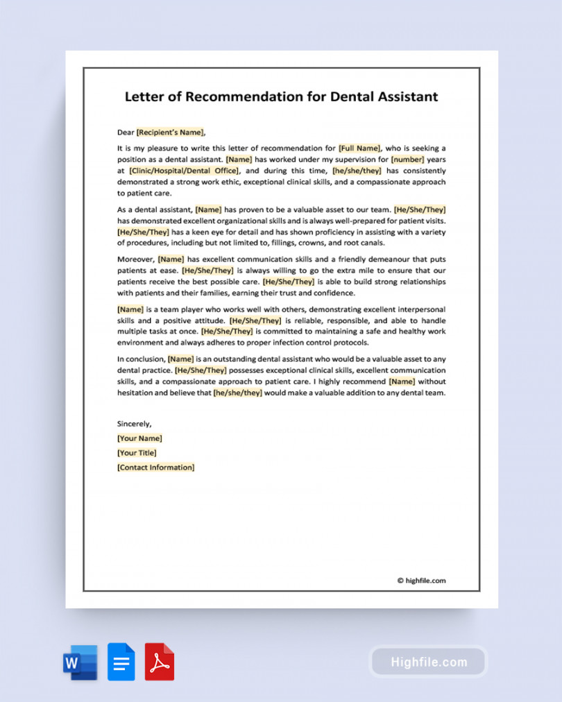 Letter of Recommendation for Dental Assistant - Word  PDF