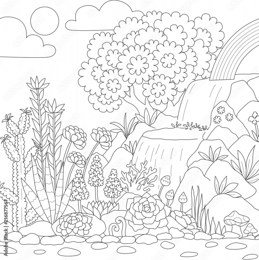 Line art of Waterfall with beautiful flowers for coloring book