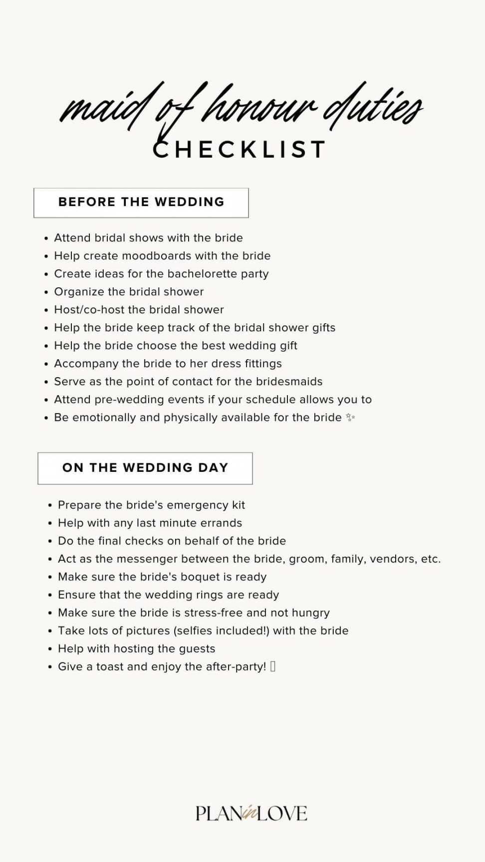 Maid of Honor Duties: The Ultimate MOH Checklist - Plan In Love