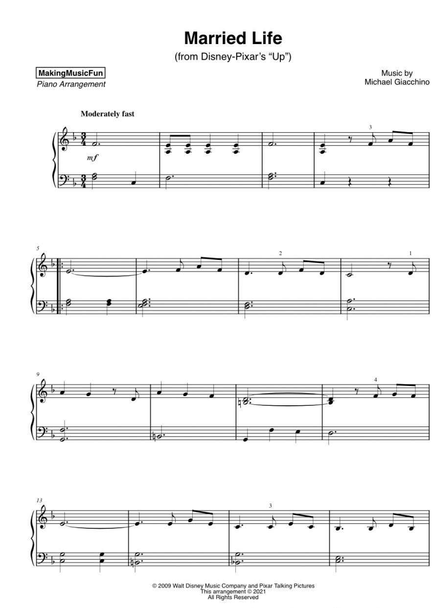 Married Life (Up)  Very Easy Piano Sheet Music – Bluebird Music