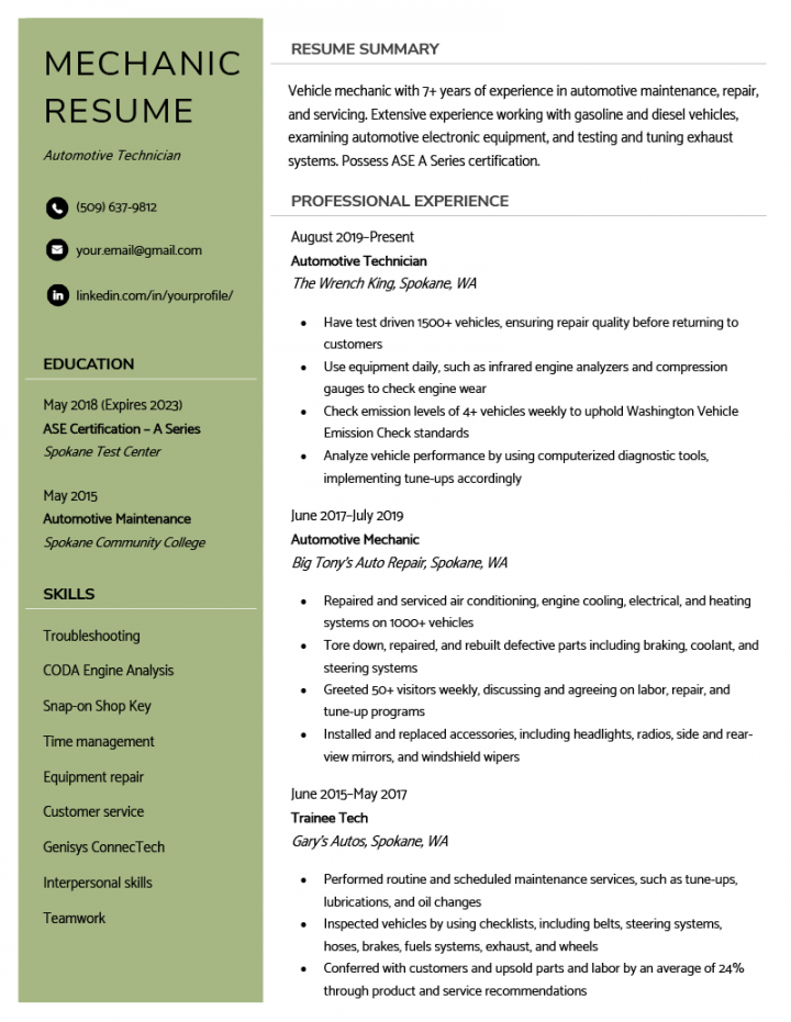 Mechanic Resume Example +  Writing Tips