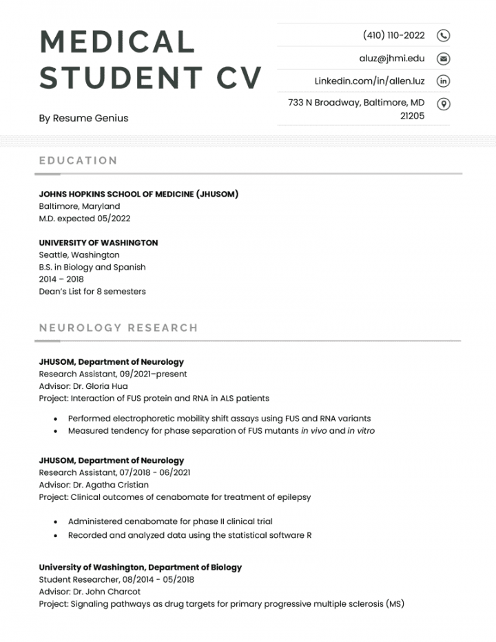 Medical Student CV Example and Tips  Resume Genius