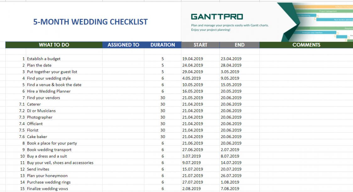 month wedding planning checklist  Excel Template  Free Download