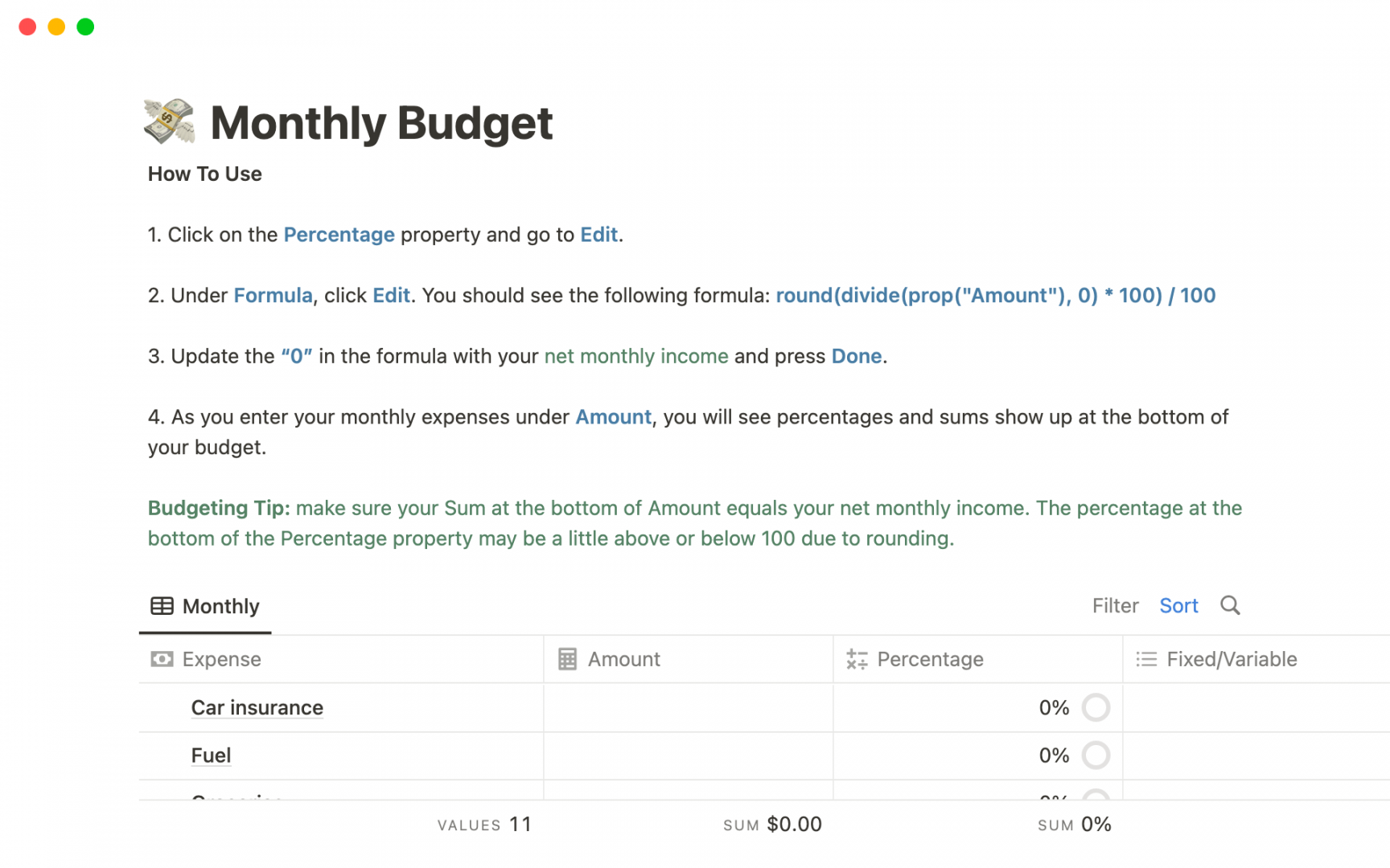 Monthly Budget  Notion-Vorlage