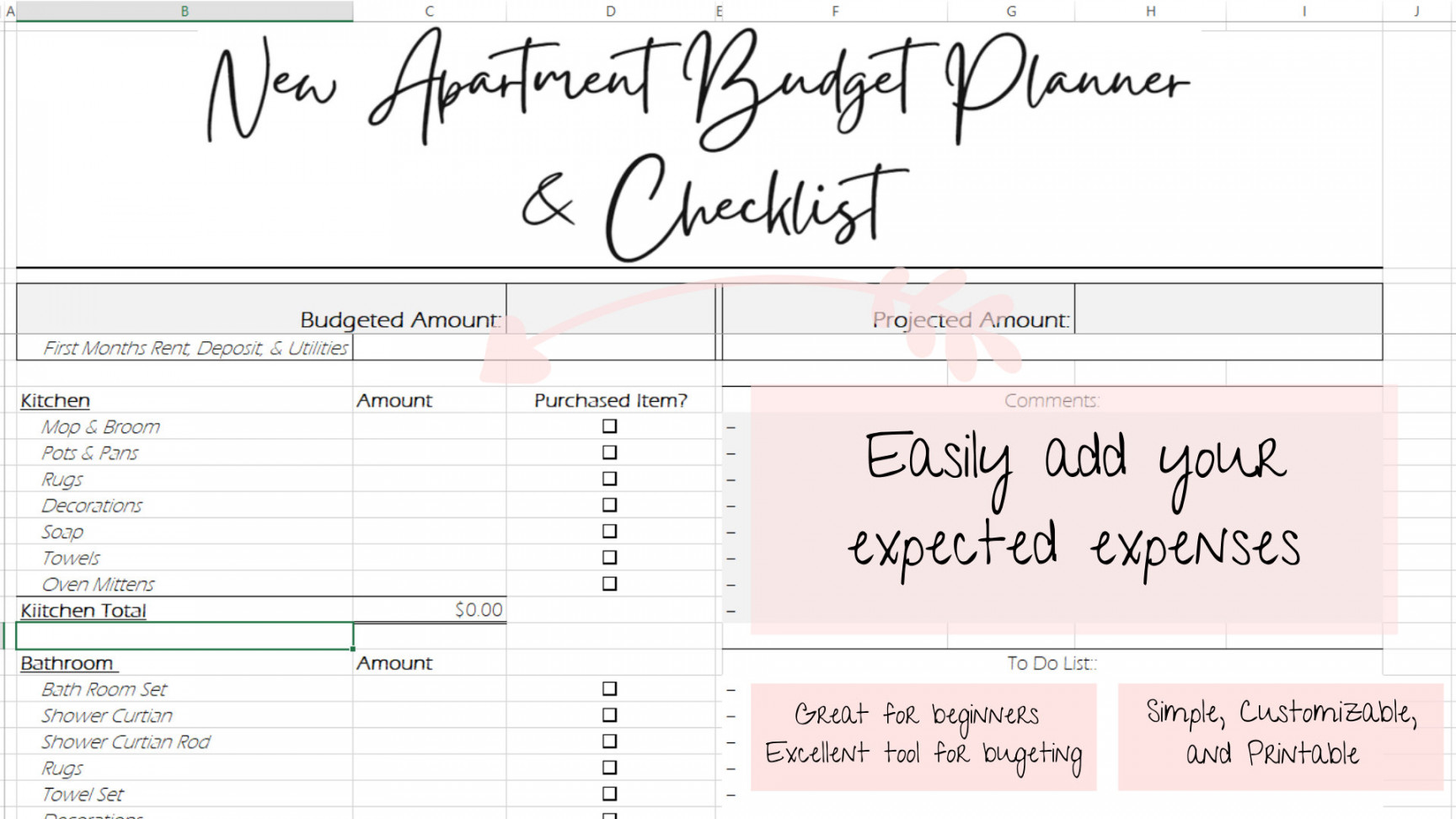 Neues Apartment Budget & Checkliste Excel Dokument - Etsy