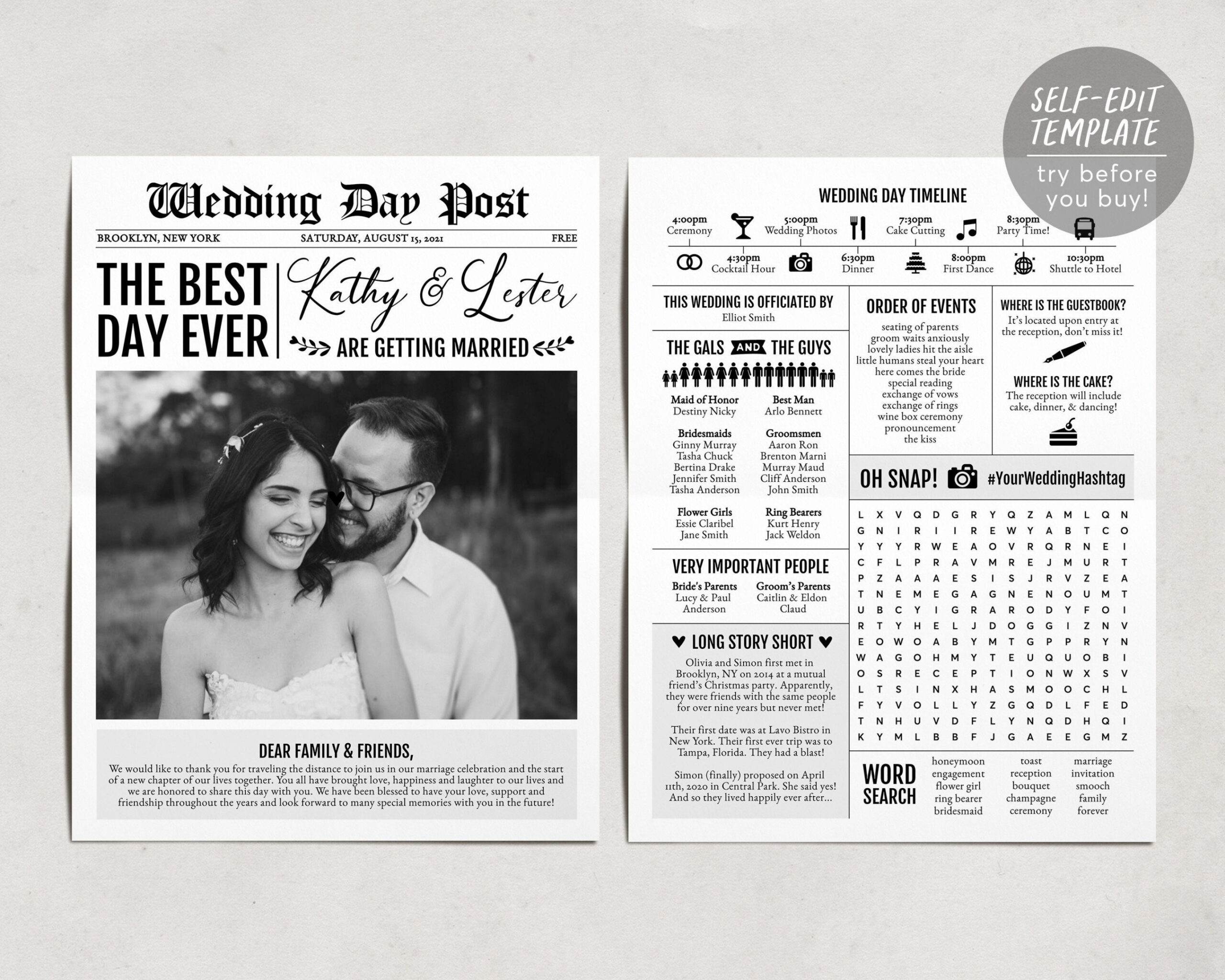 Newspaper Ceremony Program Template Editable Program Wedding - Etsy