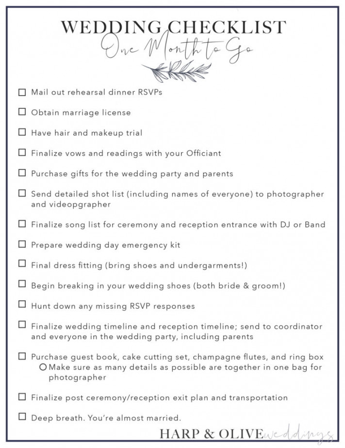 One Month To Go Wedding Planning Checklist  Harp and Olive