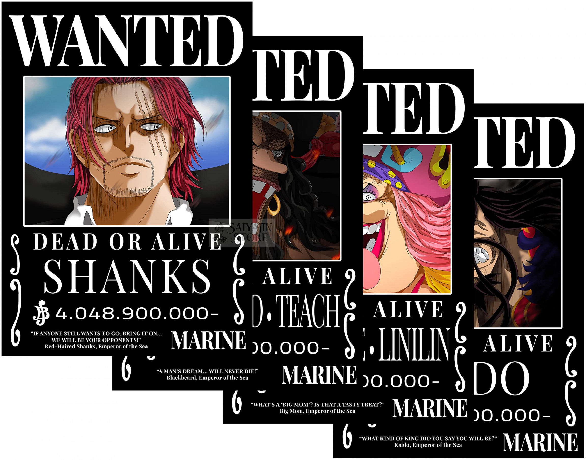 One Piece Anime Yonko  Kaiser Four Emperors Wanted Poster, Shanks