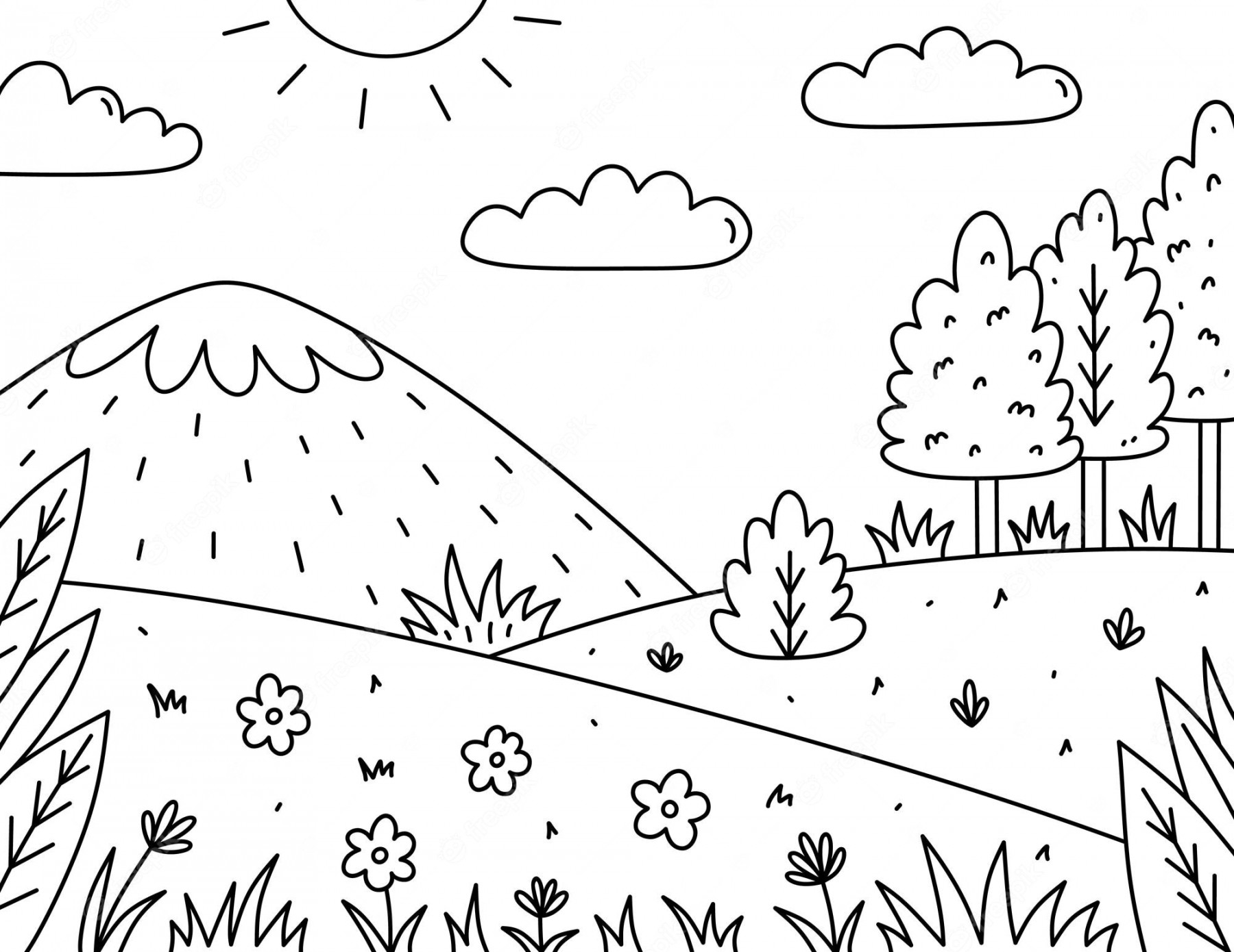 Premium Vector  Cute kids coloring page landscape with sun clouds